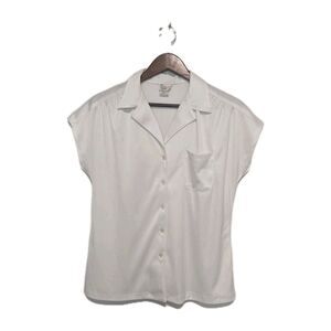 Vintage 80's White Button Down Collared Poly Blouse Top M/L Felice